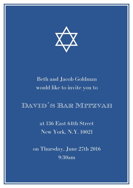 Online Bar or Bat Mitzvah Invitation card in choosable colors with Star of David at the top.